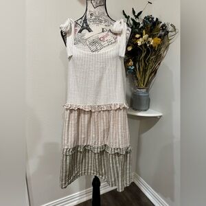 Mine CottageCore Style Striped Lined 100% Cotton Tunic Dress w/bow detail